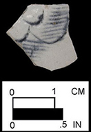 Scratch-blue body sherds, Bennett's Point, 18QU28 /122 (left and center), 18QU28 /123 (right).
